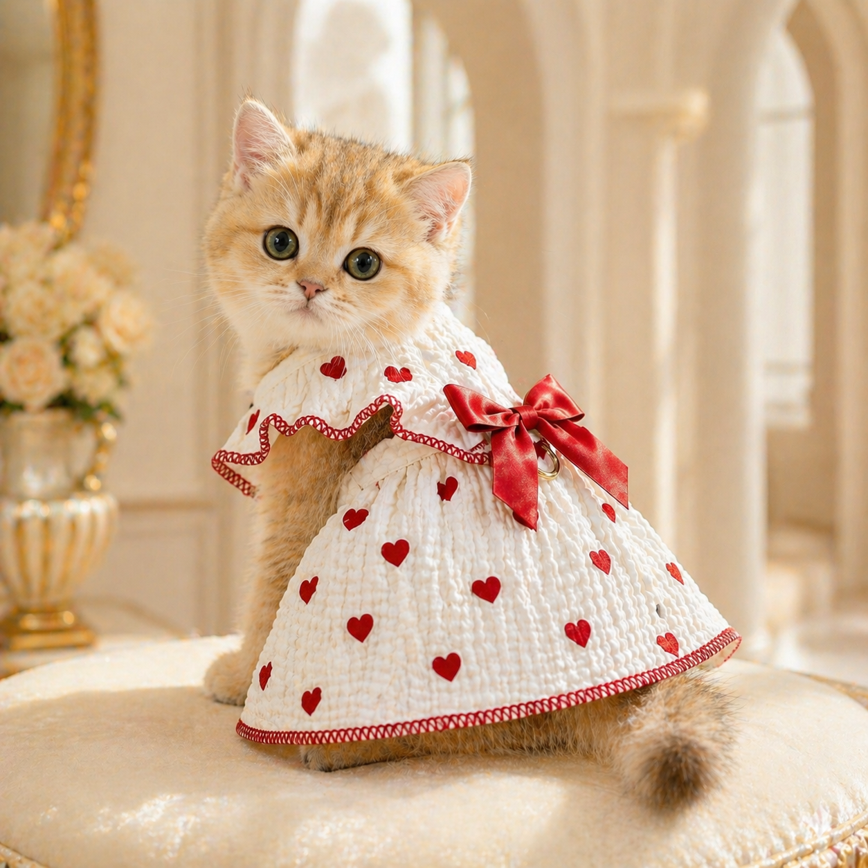 White & Red Heart Cat Dress - Image 3