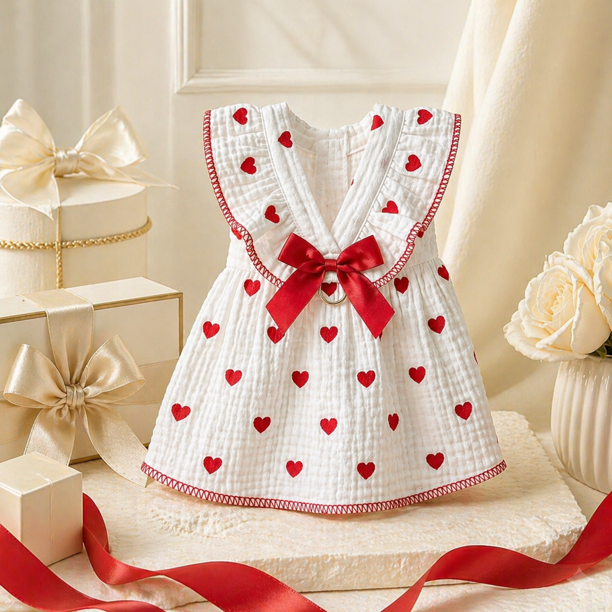 White & Red Heart Cat Dress - Image 4